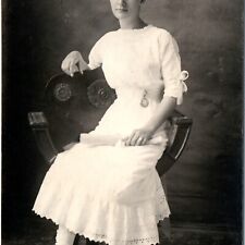 c1910s Cute Young Lady RPPC Church Confirmation Slim Photo Pocket Watch A142 picture