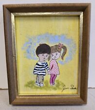 Vintage 1970s Miniature Boy & Girl Holding Hands Painting SIGNED Folk Art picture