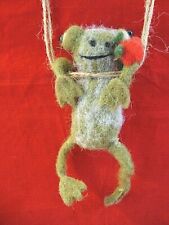 Adorable Felted Wool Green Frog with a Flower Hanging from a Branch-4
