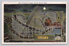 Revere Beach MA Cyclone Roller Coaster Ride Night Full Moon Postcard picture