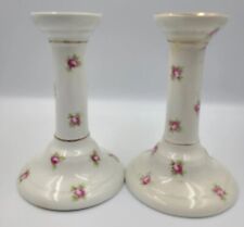 2- 1910’s ANTIQUE Empire Ware Roses PORCELAIN Candle Stick Holders 5.25” picture