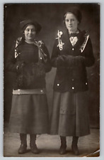 Two Young Ladies Girls Ice Skates Fur Muffs RPPC Studio Photo Postcard AZO 1910s picture