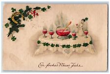 New Year Postcard Punch Bowl Snowman Horseshoe Berries c1910's Posted Antique picture