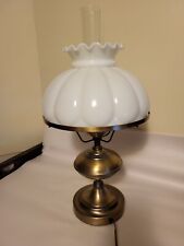 Vintage Brass Parlor Hurricane Table Lamp w/White Milk Glass Shade, Chimney picture