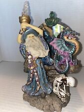 Rare Merlin With Flaming Sword with Dragon, Skelton and Skulls Statue & Mirror. picture