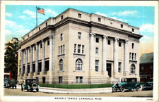MASSACHUSETTS Masonic Temple LAWRENCE Very Old Cars at Curb White Border c1920s picture