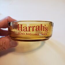 VTG Harrah's Reno and Lake Tahoe Ashtray Round Amber Glass Red Lettering 3.5