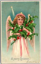 A Merry Christmas Holy Angel Holding Holy Leaf, Greetings, Vintage Postcard picture