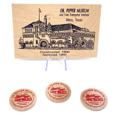 Dr Pepper Museum Wooden Postcard by Vandercraft & (3) Admission Tokens Waco, TX picture