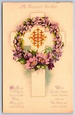 Clapsaddle Easter~Violets Wreath On Cross~IHS In Center~Bless Us Lord~WOLF~c1910 picture