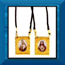 Brown Gold Plated Metal Scapular w/Cord Our Lady Mt Carmel Sacred Heart Jesus picture