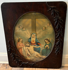 ANTIQUE NUNS CONVENT FRAMED MOTHER OF SORROWS W/ CRUCIFIED JESUS FRAMED PRINT picture