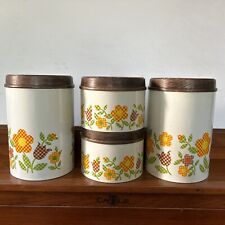 Vintage MCM Set of 4 Cheinco Metal Houseware Tin Kitchen Canisters & Lids 1960S picture