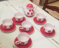 Vintage whimsical Red White Polka Dot Gold Rim Porcelain  Tea Set  Holiday picture