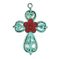 Small Fleur De Lis Red Flower Wall Cross Cast Iron Rustic Turquoise Finish 6.25