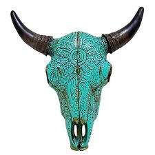 Turquoise Southwest Tribal Carved Bull Steer Skull Wall Hanging Decor Sculpture picture