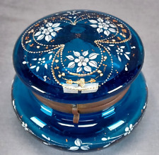 Bohemian Moser Type Enameled White Floral & Gold Blue Glass Box / Powder Jar picture