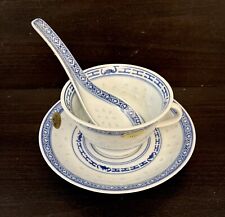 Jingdezhen Chinese Blue White Tea Cup Saucer And Spoon Floral Rice Grain Eye picture