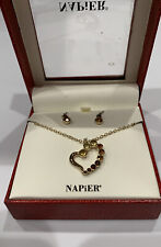 Vtg Napier Long Necklace With Heart Pendant & Pierced Hoop Earrings Gold Tone picture