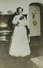 Pretty Woman In Gown Standing In Front Of Piano B&W Photograph 2.75 x 4.5 picture
