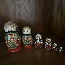 Vtg Set of 6 Russian Hand Painted Matryoshka Nesting Dolls Signed Red Floral 6