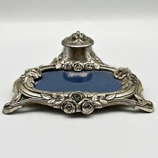 Antique French Art Nouveau Silver 940 Overlay Metal Glass Inkwell Desk Caddy picture