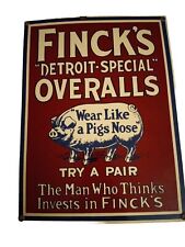 Vintage Finck's Detroit Special Overalls Pig Advertising 12” x 9
