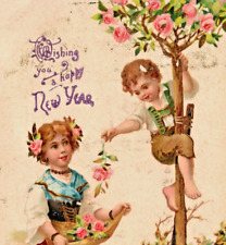 c1906 New Year, children, flowers, birds, gilted, antique card, very nice picture