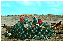 Oregon Coast JAPANESE GLASS FLOATS Kids On Driftwood Log Vintage OR Postcard picture