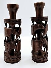 2 Hand Carved Wooden Animal Candlestick Holders 9.25