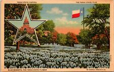 Texas State Capitol, State Flag, and Blue Bonnets, the State Flower - Postcard picture