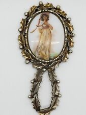 Vintage Ornate Metal Brass Handheld Mirror Lovely Woman Pictured 3.75
