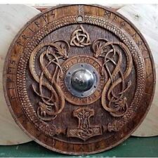 Viking Shield With Carved Norse Runic Ornaments Battleworn Wooden Shield 24'inch picture