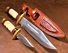 Bone Handle New American Hunter Bowie 2 Knife Set Full Tang w/Leather Sheath picture