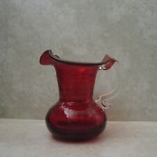 Vtg Ruby Red Crackle Glass Miniature Pitcher w/ Fluted Edge & Clear Glass Handle picture