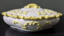 Ceramic White Oval With Yellow Scroll Swirl Serving Trinket Dish With Lid  picture
