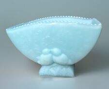 Fenton Fan Vase Blue Custard Satin Glass Lovebirds Planter Vintage picture
