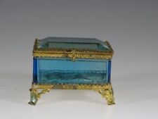 Scarce Victorian Peacock Blue Glass Jewelry Casket Box with Ormolu c.1900 picture