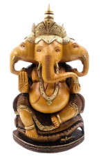 Three Headed Lord Ganesha Statue Wooden Idol Double Shade Sculpture Figurine 8