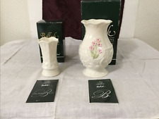 Two Belleek Irish Porcelain Vases  Cream 6 Inches & 4 “Tall Blue Mark with Boxes picture