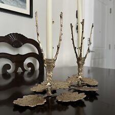 Vintage Solid Brass Candlestick Pair Leaf Twig Detailed Unique Whimsical Art picture