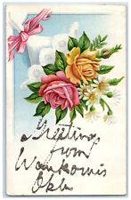 1908 Greetings From Waukomis Oklahoma OK Flowers Embosses Glitter Postcard picture