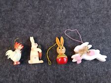 4 Vintage Wood Easter Ornaments Bunny Rabbits and Rooster Miniature Figures picture