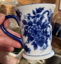 Flow Blue & White Porcelain Flow Blue Floral Cup Mug 4.3” picture
