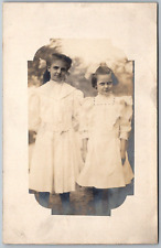 c1910 RPPC Real Photo Postcard Pair Of Young Girls Fancy Dress Bows picture