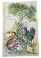 Antique Embossed Easter Greeting Postcard, Chicken Chicks and Rabbit Bunny picture