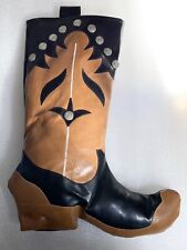 GANZ COWBOY BOOT SHAPED BROWN AND BLACK CHRISTMAS STOCKING SILVER BUTTON ACCENTS picture