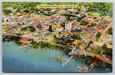 Lake Charles Louisiana~Aerial View~Boats~Docks~Business Section~Vintage Linen PC picture