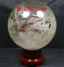 4.33LB NATURAL WHITE CLEAR QUARTZ CRYSTAL&TOURMALINE SPHERE BALL/STAND 115mm  picture