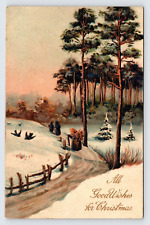 Good Wishes for Christmas, Winter Scene with Old Women Carrying Wood Postcard P3 picture